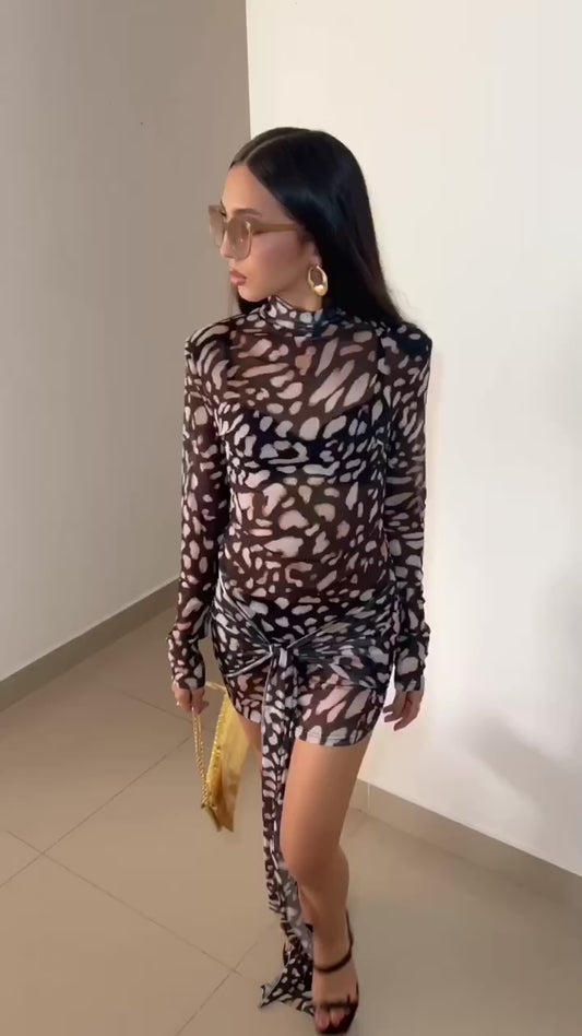 Vestido mesh con print leopardo