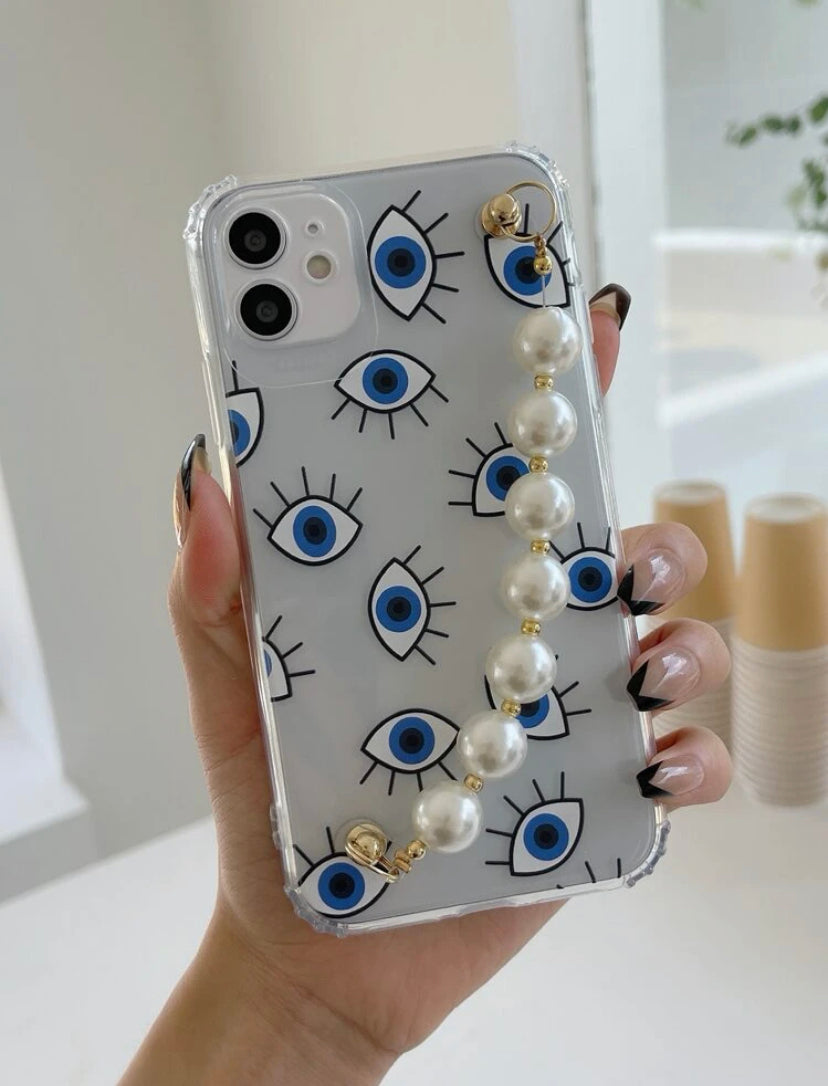 Funda para móvil ojo con estampado con con tira de mano con perla artificial